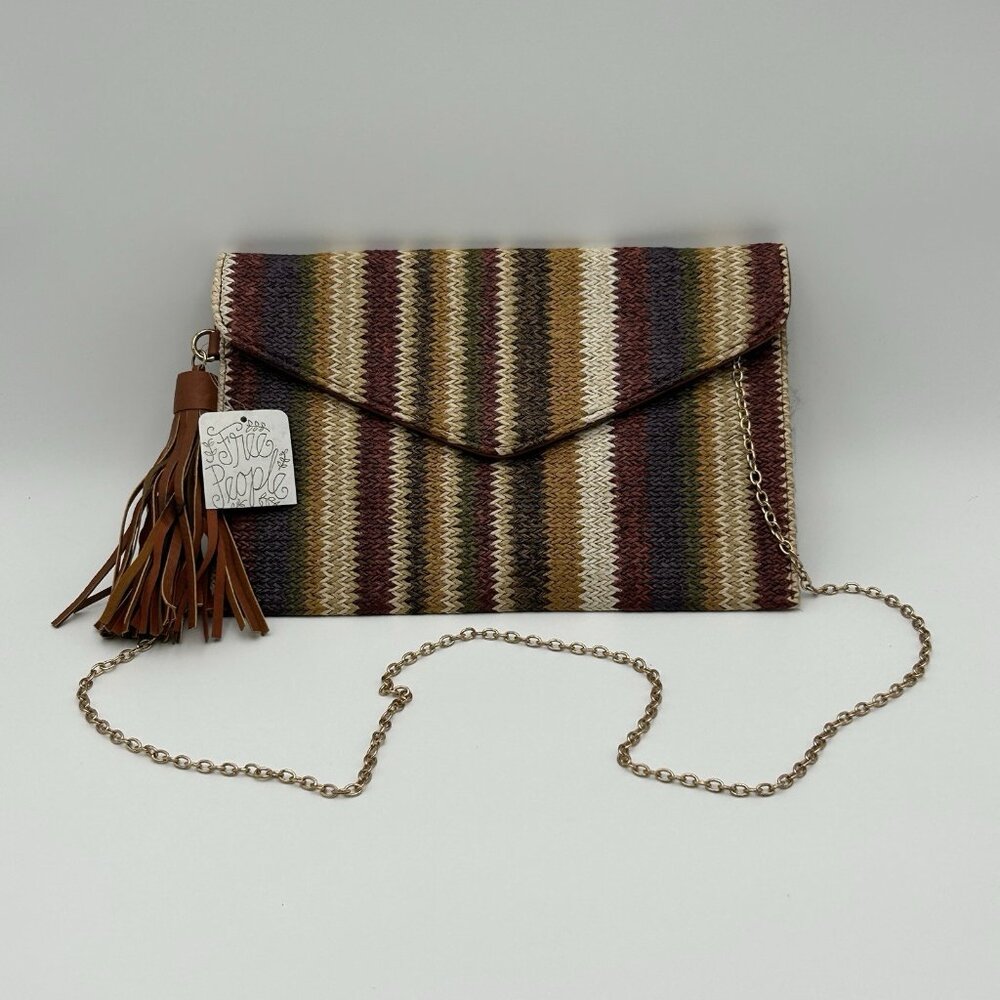 Free People Multicolor Striped Woven Clutch Bag NWT w/ Gold Chain Shoulder Boho